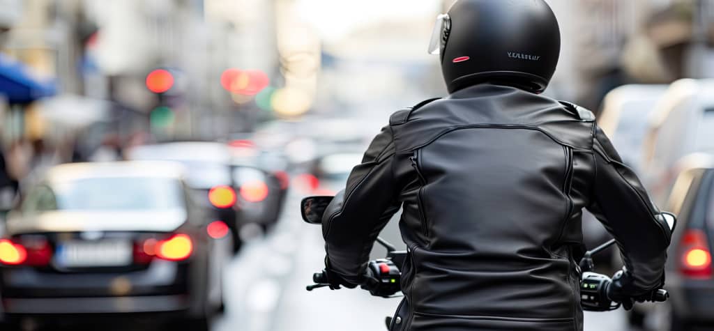 A motorcyclist wearing a helmet and leather jacket rides through city traffic