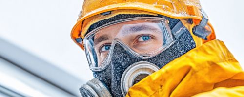 Worker with protective gas mask