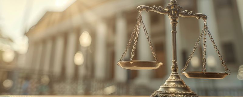 Scales of justice in the foreground of a courthouse with pillars.