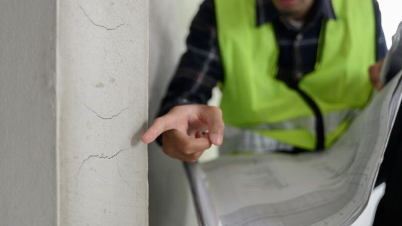 Worker in yellow vest pointing at cracking along a wall