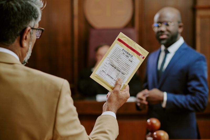 Attorney in court holding up evidence next to another attorney and judge.