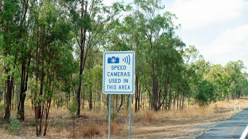 Traffic sign stating, "Speed Cameras Used in this Area," along highway with trees in the background
