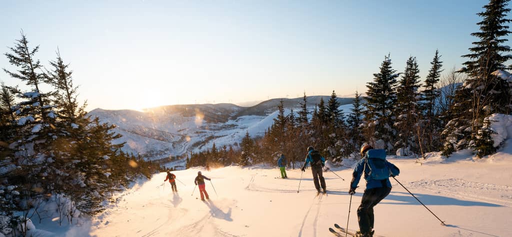 Skiers navigate a snow-covered slope at sunset, surrounded by evergreen trees and mountain views.