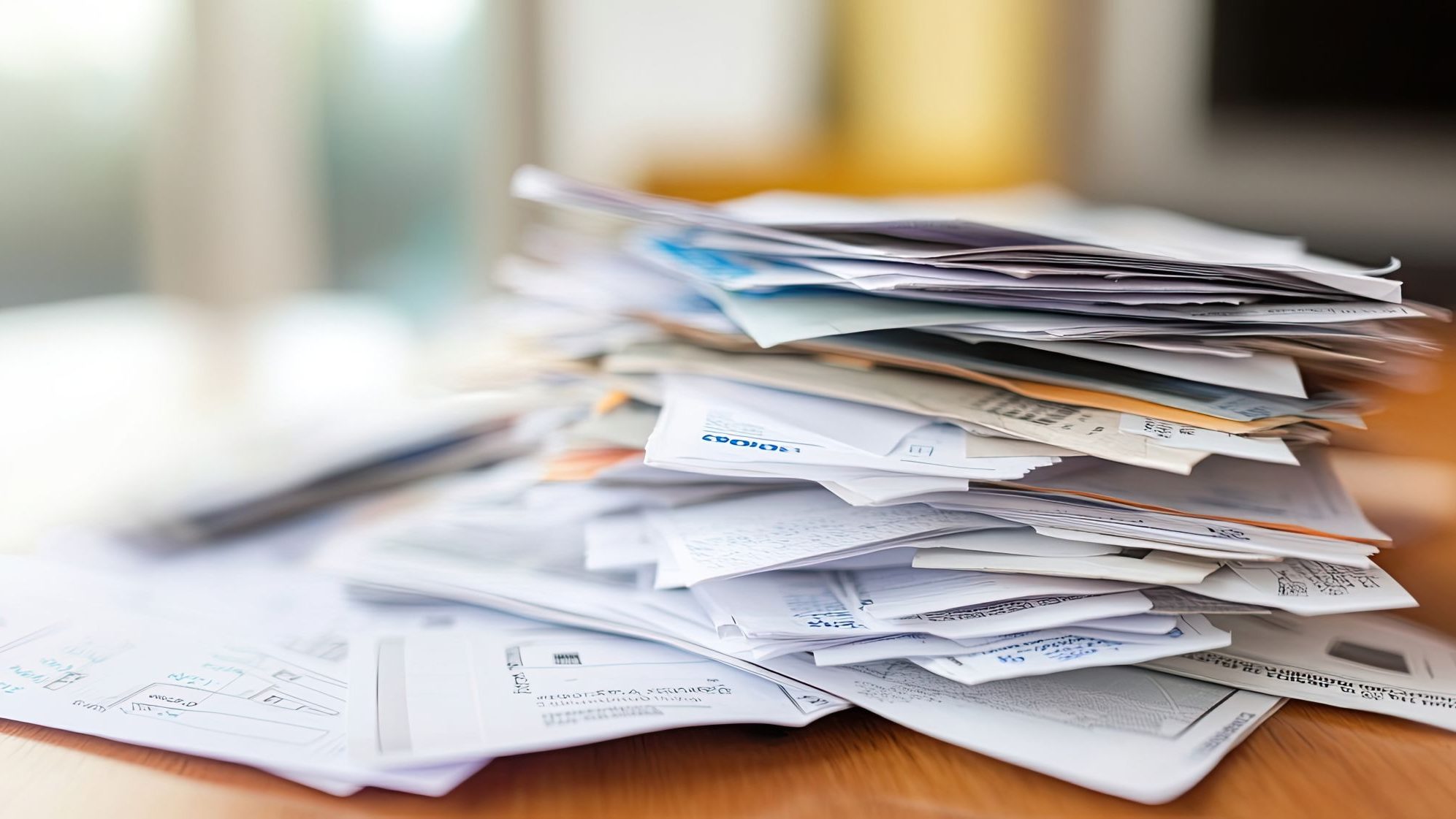 Stack of papers spread across desk