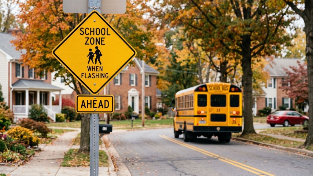School bus driving in a school zone